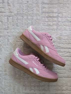Reebok Pink Suede Trainers with White Stripes and Gum Sole